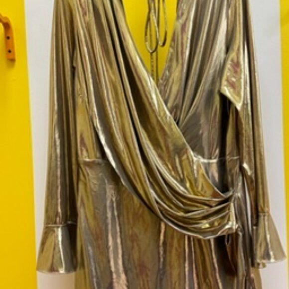 Metallic Gold Drape Dress with Tie Back and Bell Sleeve cuff Size 2XL - Picture 2 of 6